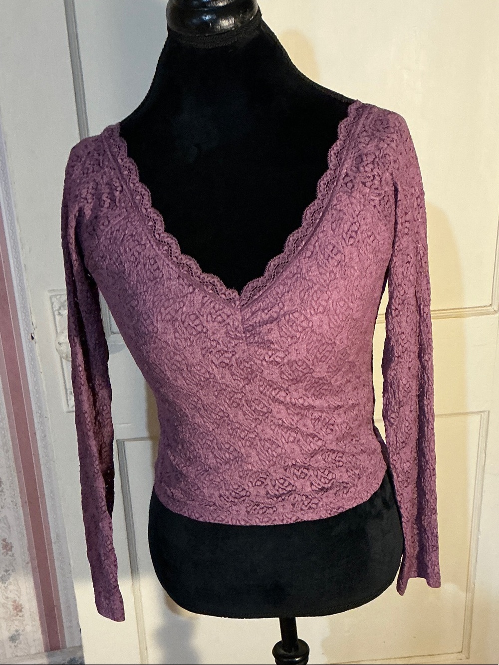 No Boundaries Mauve Lace V-Neck Long Sleeve Top